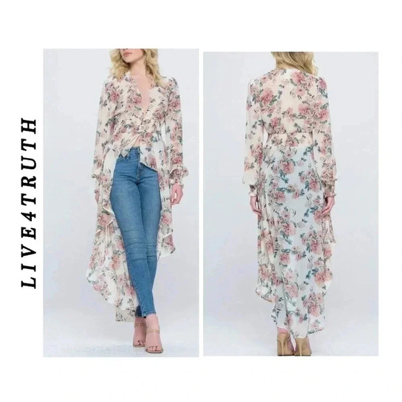 🆕 Live4True Chiffon Floral Long Sleeve Hi Low Duster Kimono 2X🆕 - Picture 1 of 15